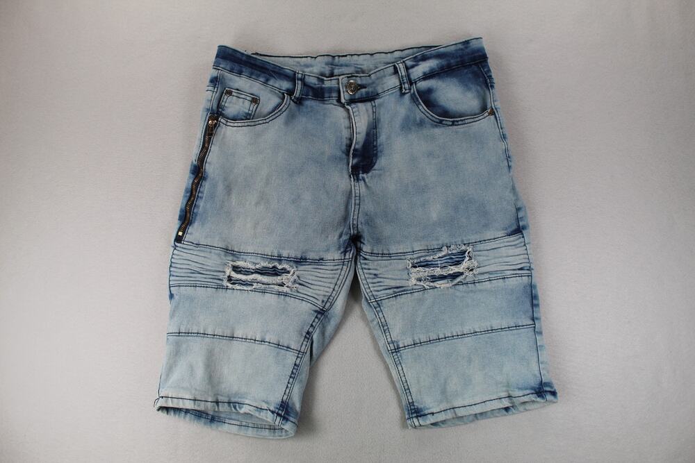 Phat Farm Y2K Distressed Blue Denim Skinny Moto Shorts Pockets Mens 34